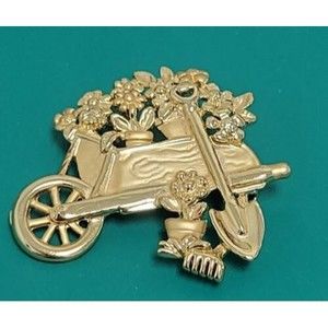 Vintage AJC Flower Gardeners Wheel Barrow and Shovel Gold Tone Brooch Pin Signed